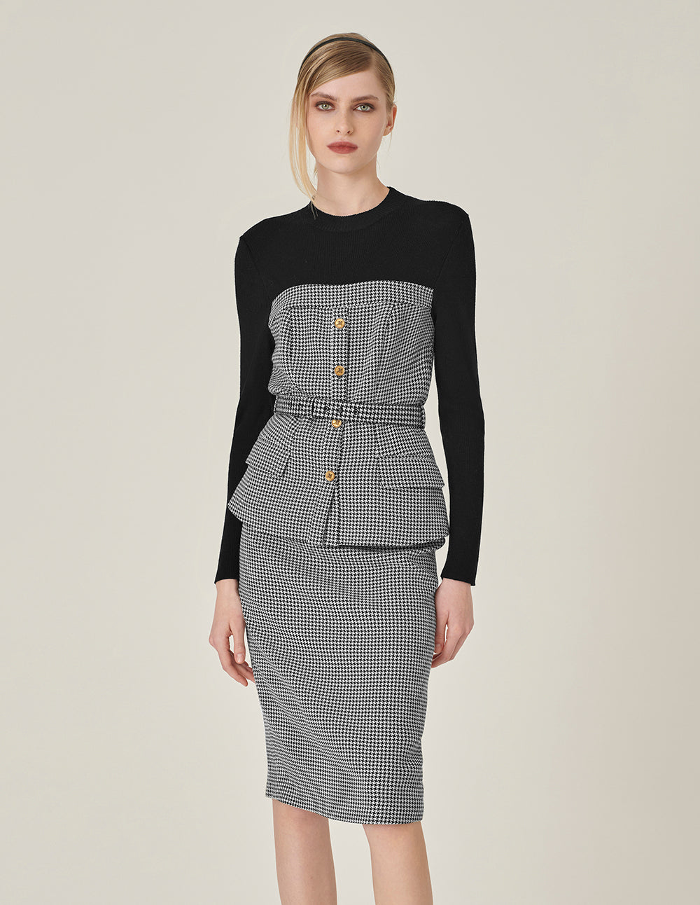 MARYLING Houndstooth Patchwork Knitted Top With Belt