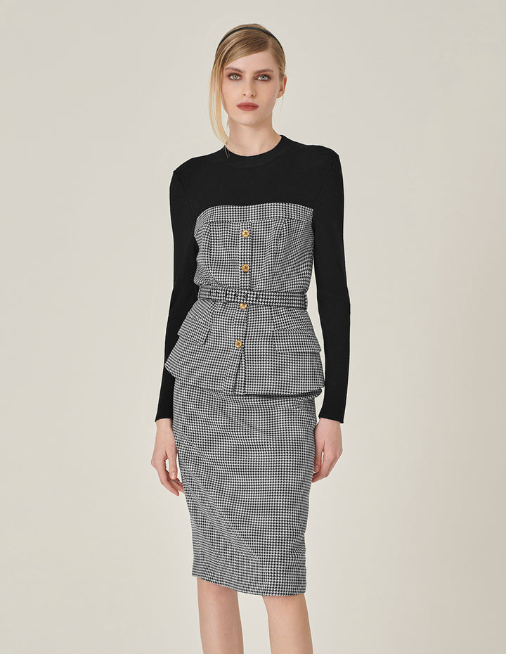 MARYLING Houndstooth Patchwork Knitted Top With Belt