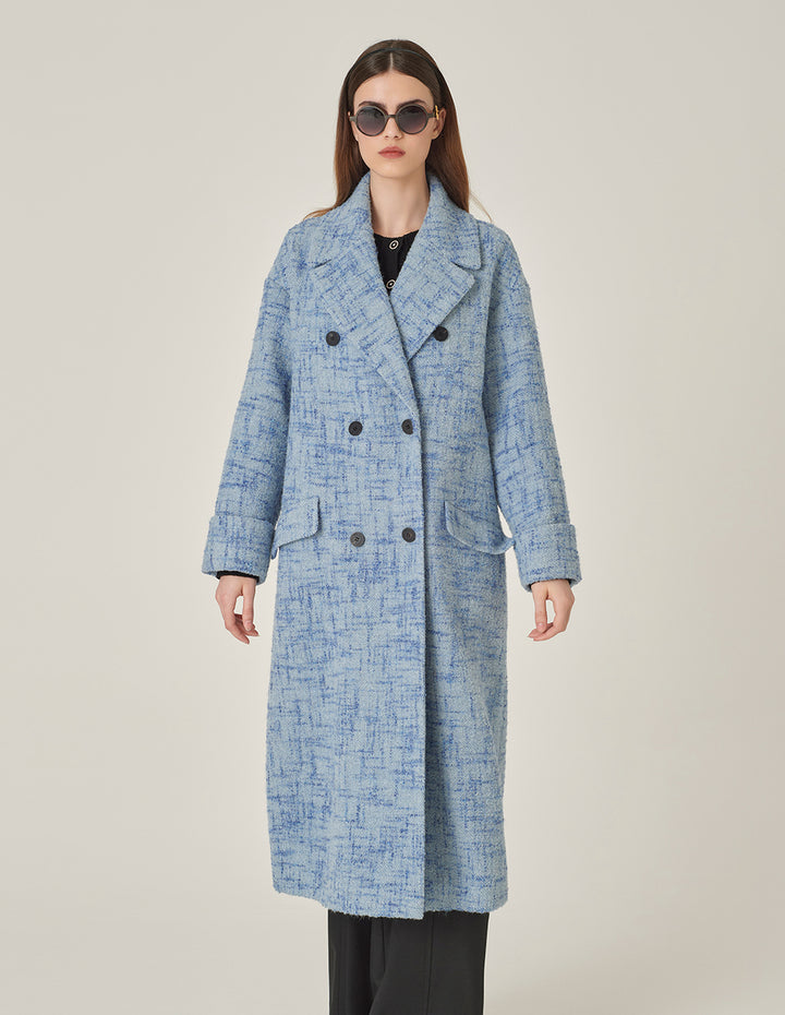 MARYLING Blue Loose Double-Breasted Long Tweed Wool Coat