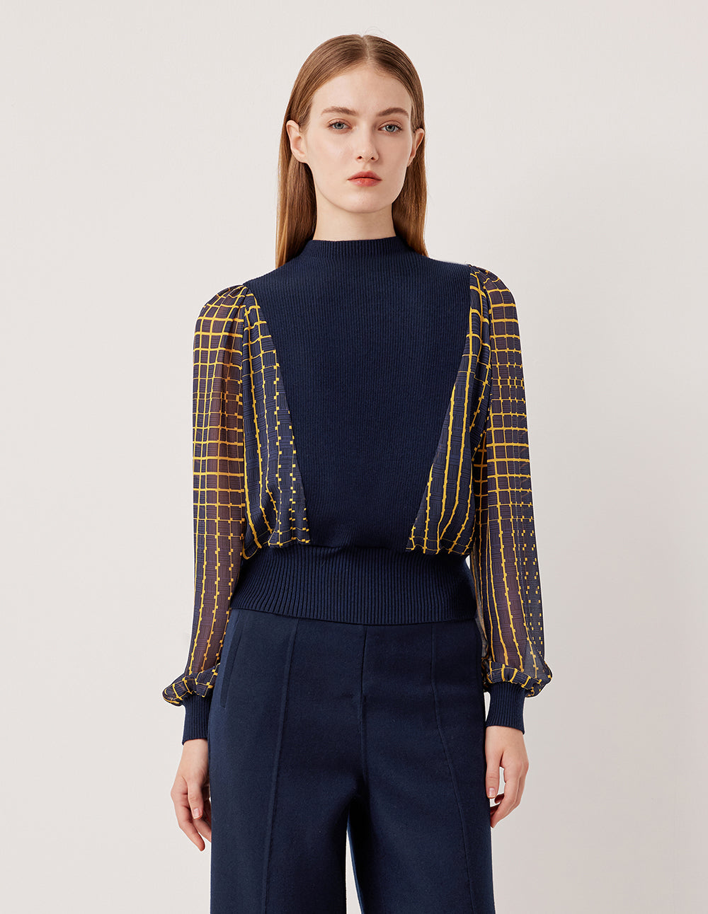 MARYLING Navy Plaid Patchwork Semi-High Neck Pullover Top