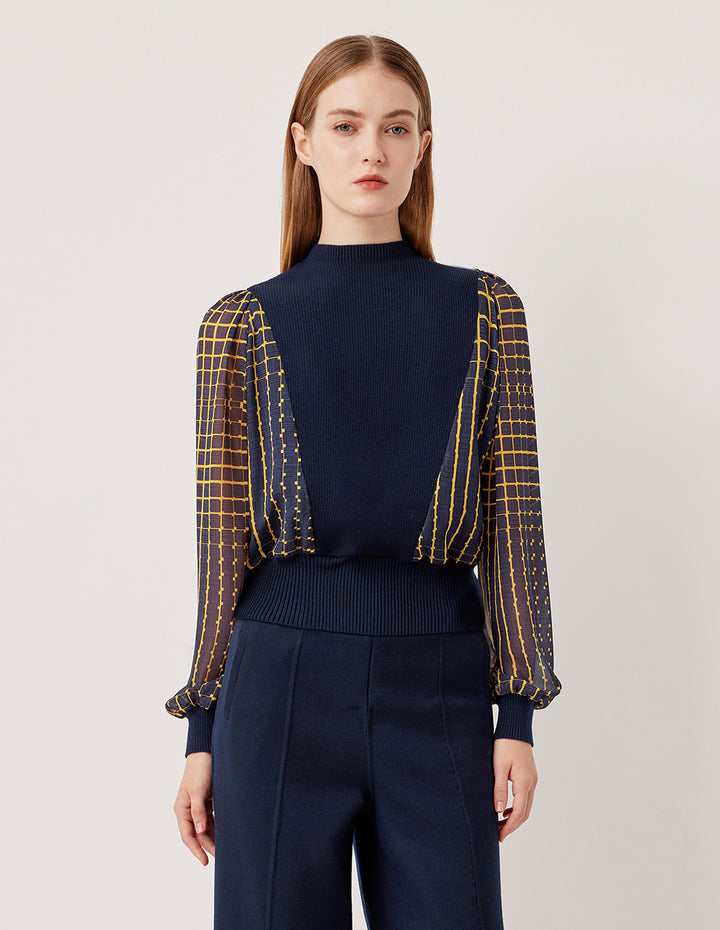 MARYLING Navy Plaid Patchwork Semi-High Neck Pullover Top