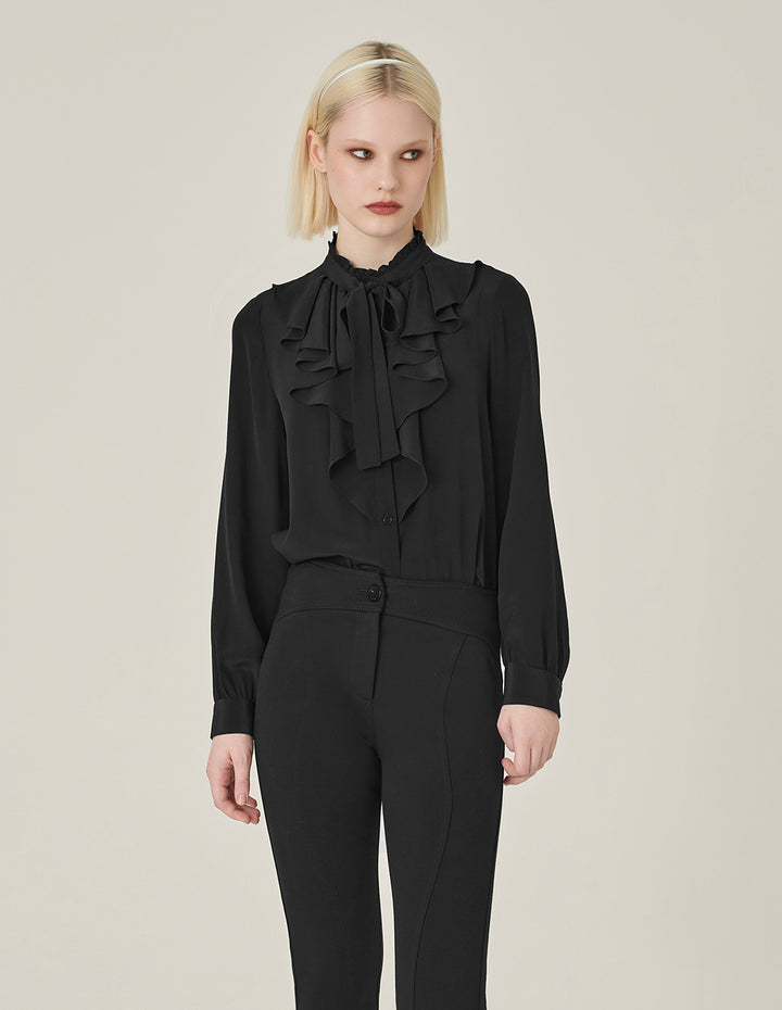MARYLING Black Ruffled Long-Sleeved Silk Blouse