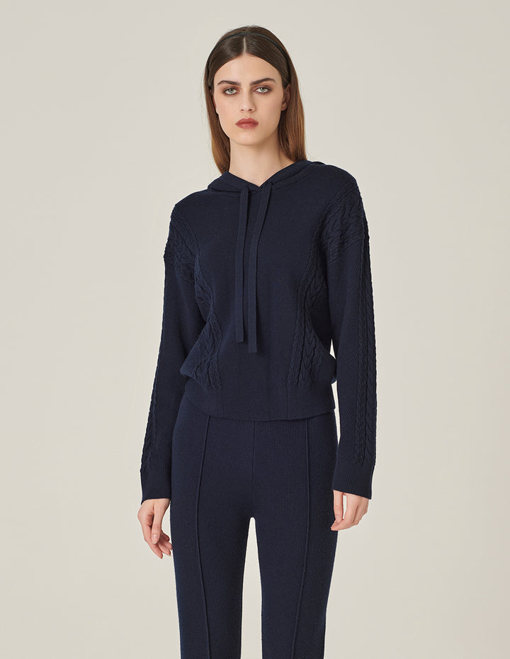 MARYLING Dark Blue Sports Casual Hooded Knitted Pullover