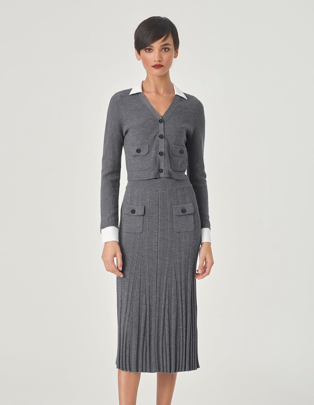 MARYLING Gray And White Contrast Needle Shuttle With Short Cardigan