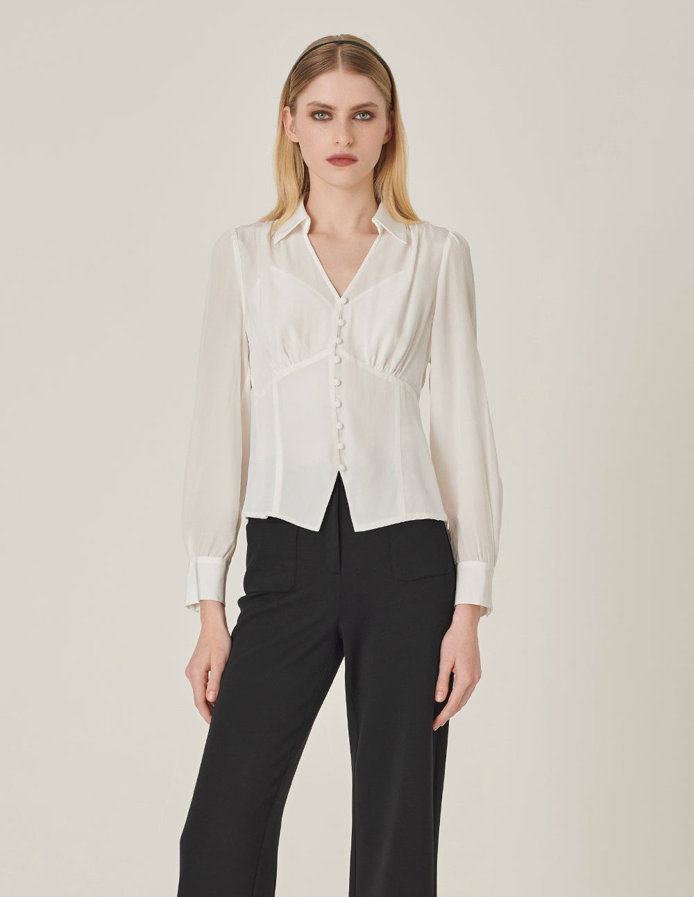 MARYLING V-Shaped Shirt Collar High Waist Slit Silk Top