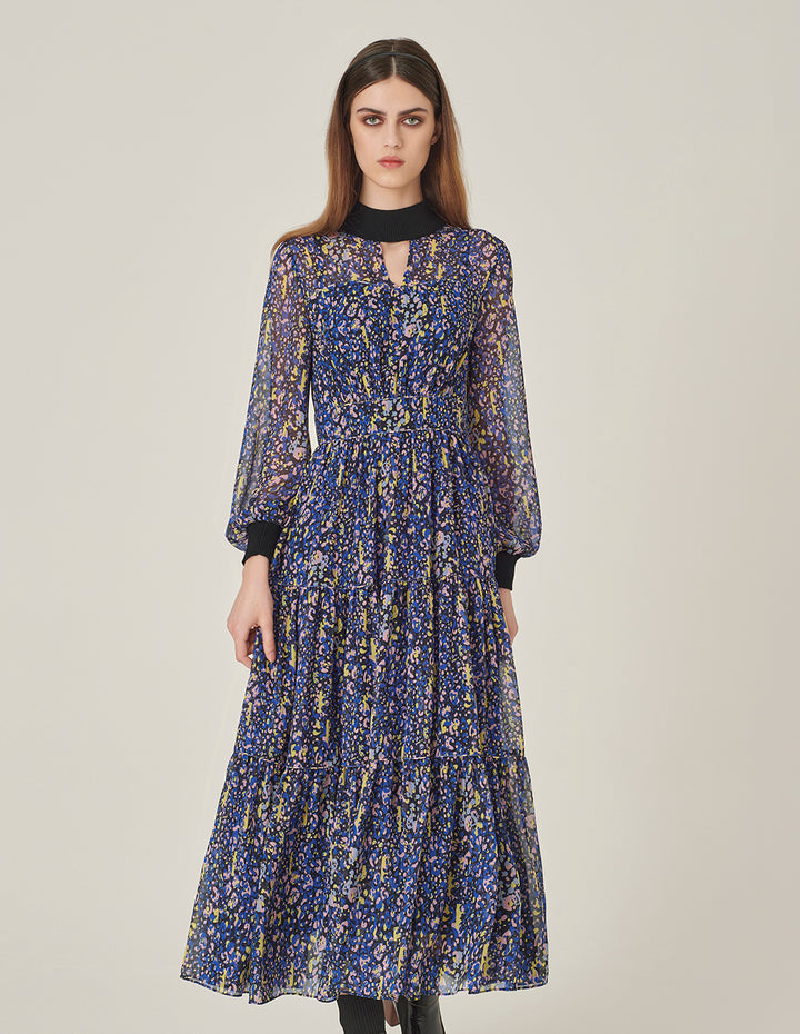 MARYLING Stand Collar Georgette Printed Pleated Mid-Length Dress
