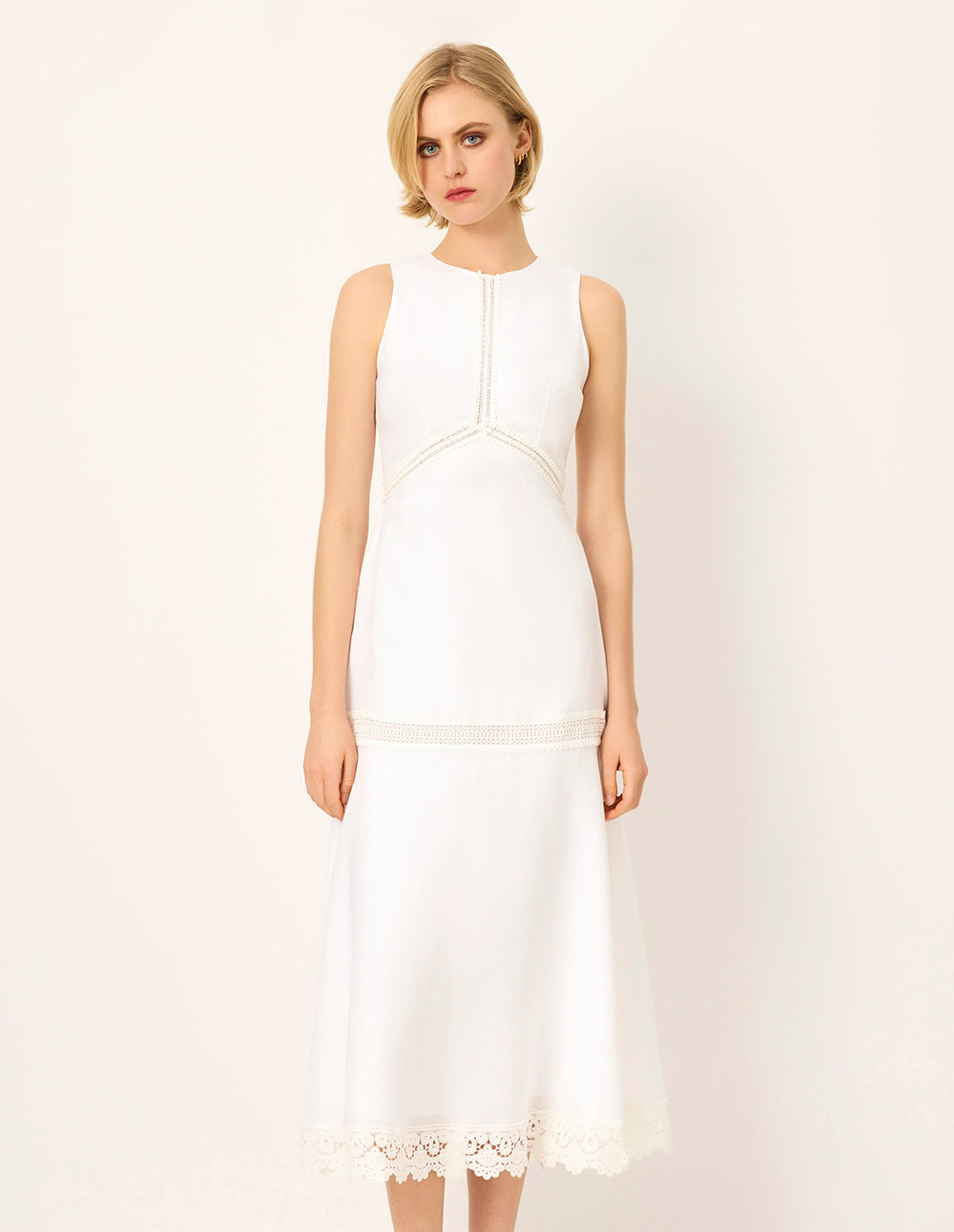 MARYLING Round Neck Sleeveless Empire-Waist Lace Ruffle-Trim Midi Dress