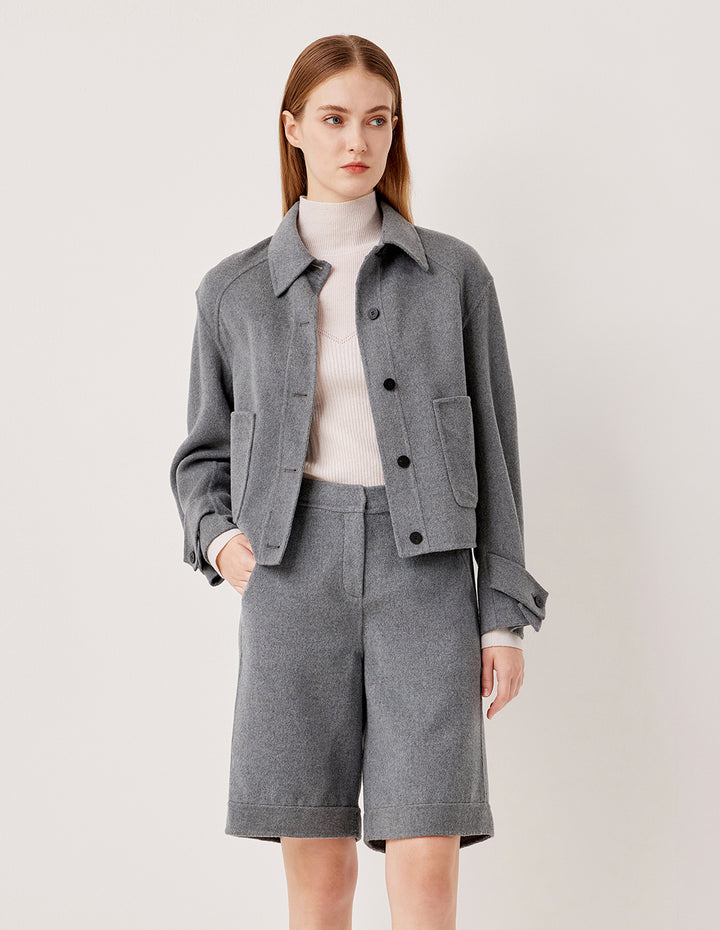 MARYLING Collar Long Sleeve Short Wool Silk Blend Top