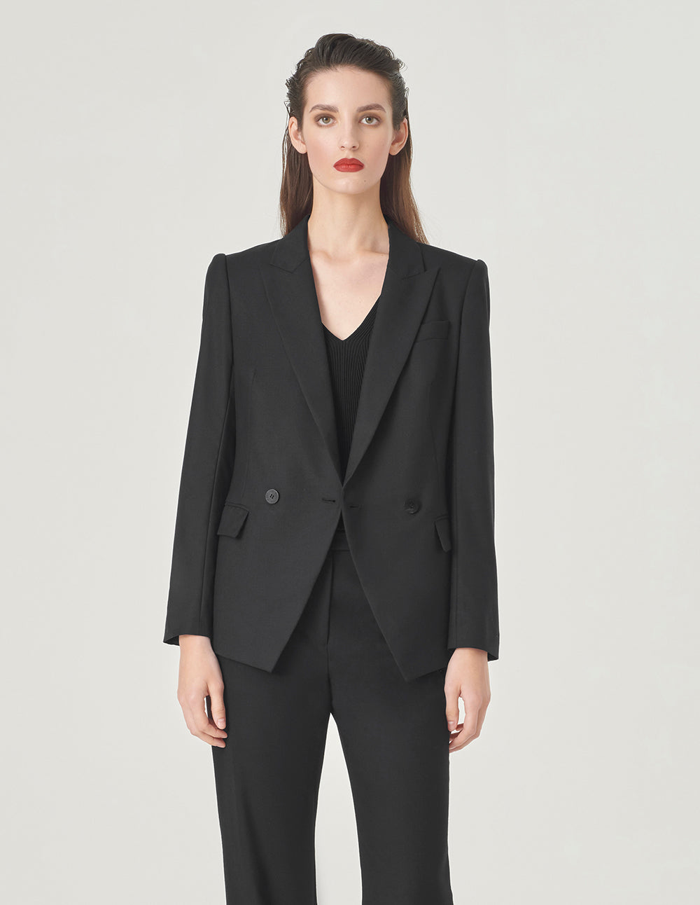MARYLING Black Peaked Lapel Double-Breasted Blazer