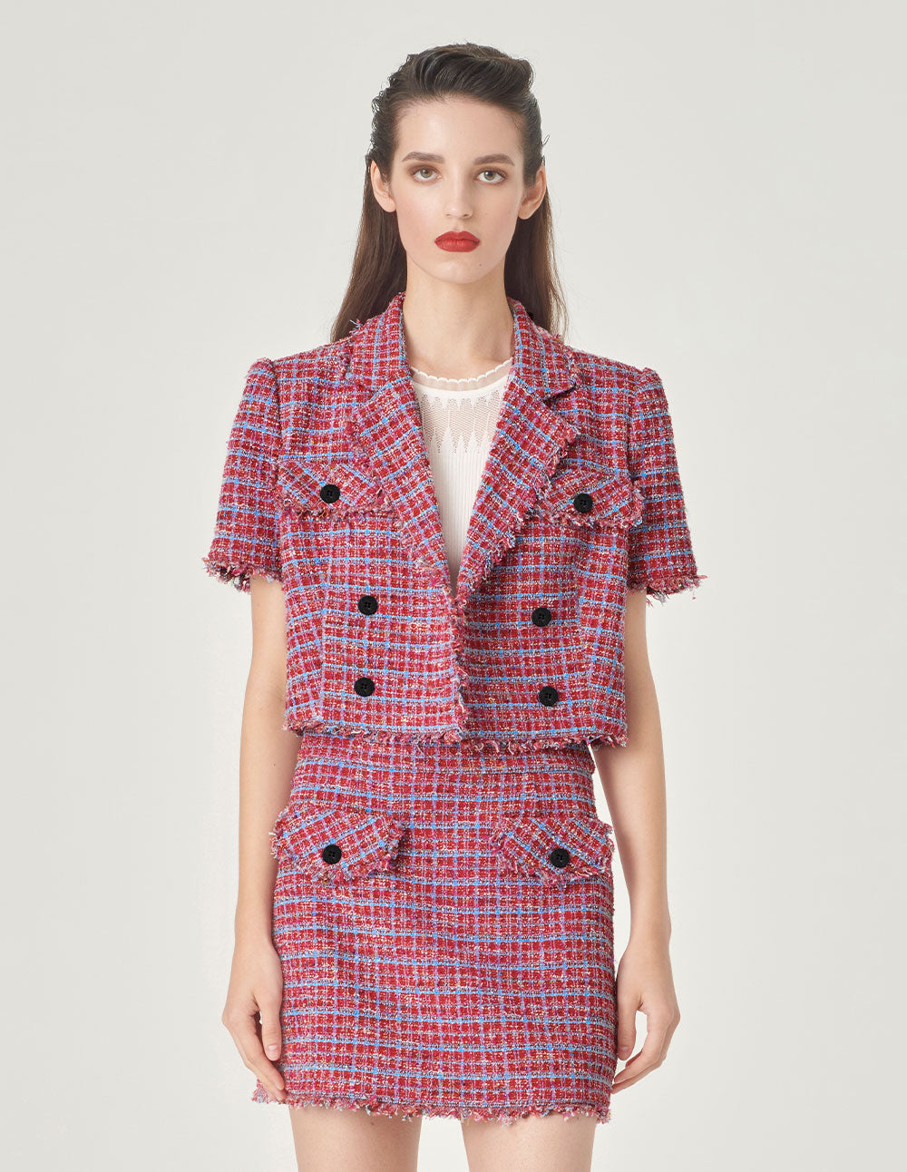 MARYLING Powder Blue Plaid Tweed Double-Breasted Short Coat