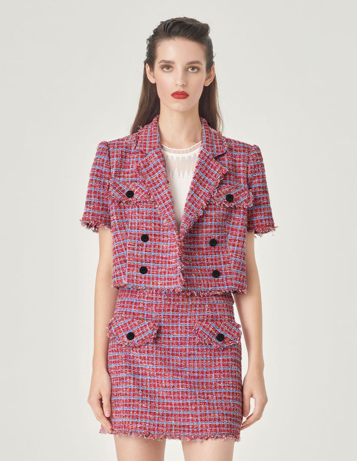 MARYLING Powder Blue Plaid Tweed Double-Breasted Short Coat