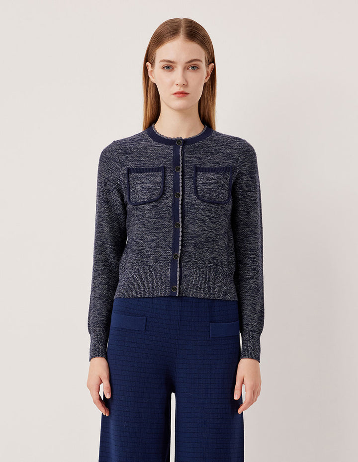 MARYLING Round Neck Ribbed Variegated Blue Wool Cardigan