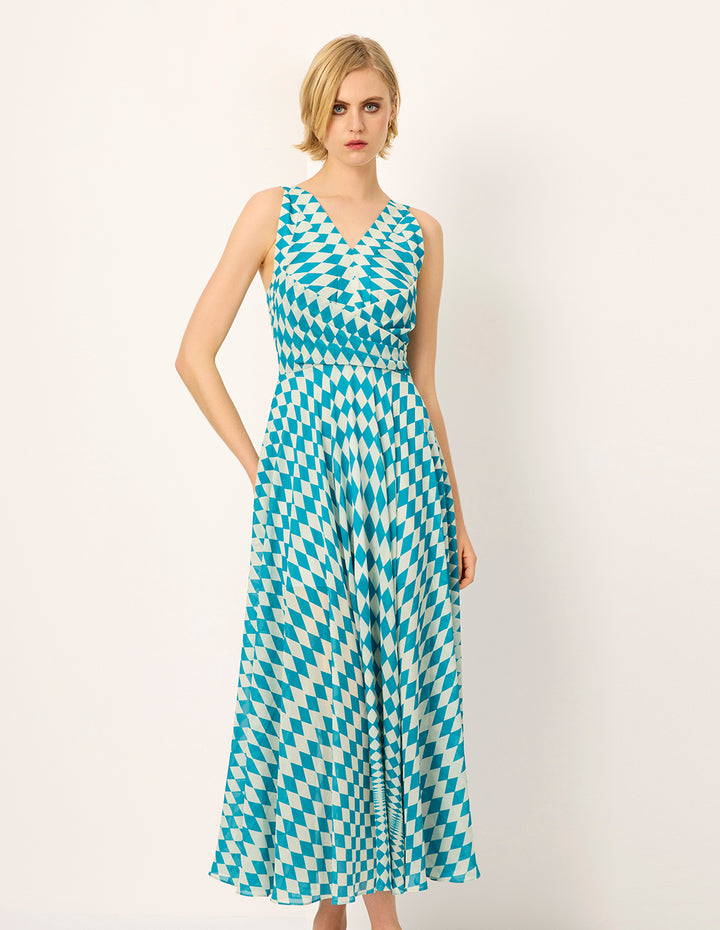 MARYLING V-Neck Sleeveless Cross Empire-Waist Pleated Floral Midi Dress