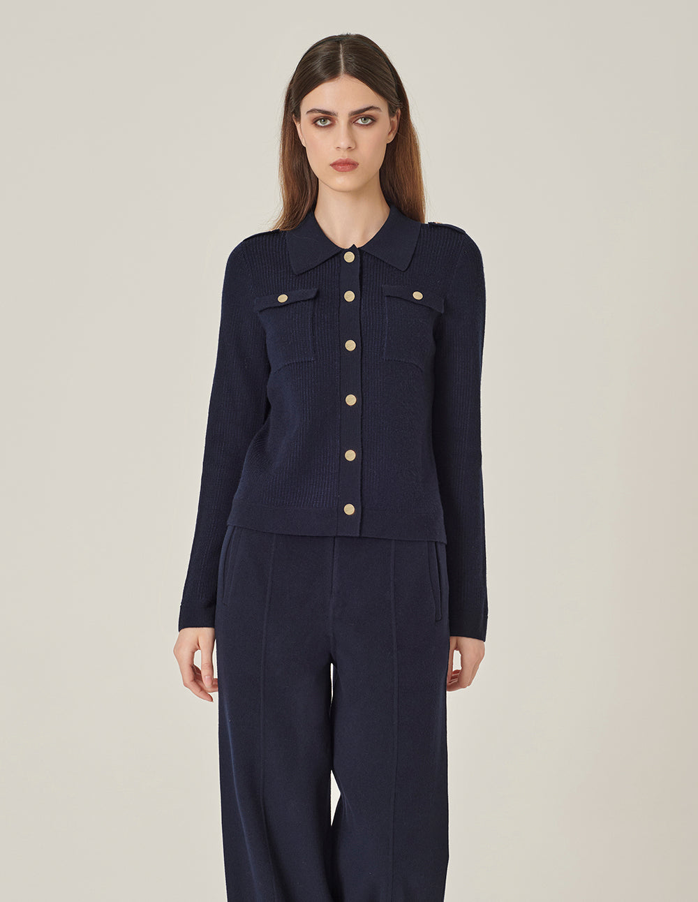 MARYLING Shirt Collar Long Sleeve Knitted Cardigan