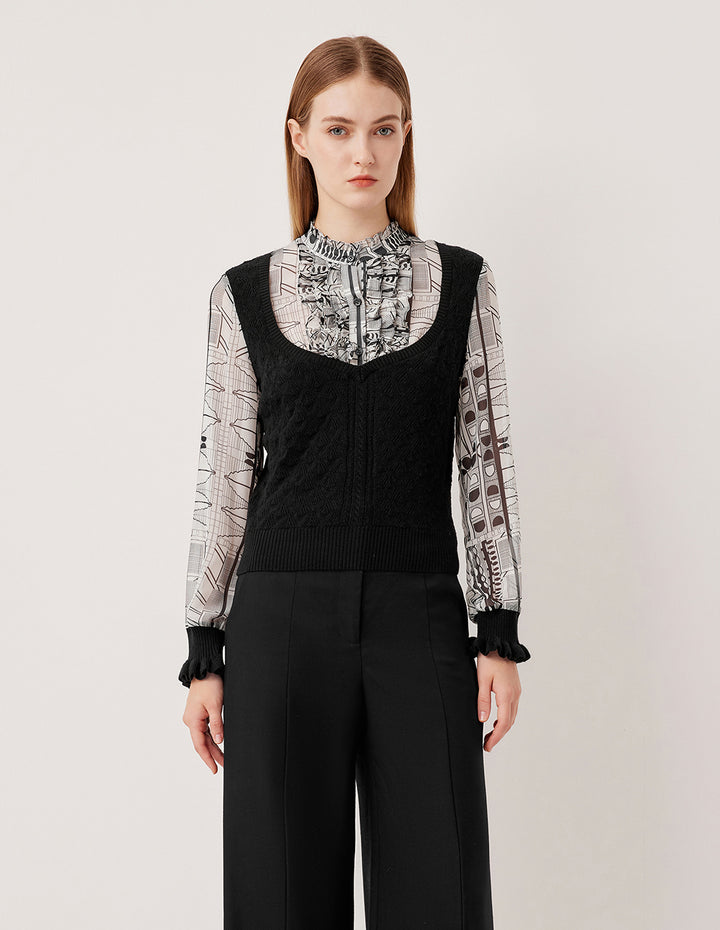 MARYLING Ruffled Turtleneck Printed Knit Long Sleeve Top