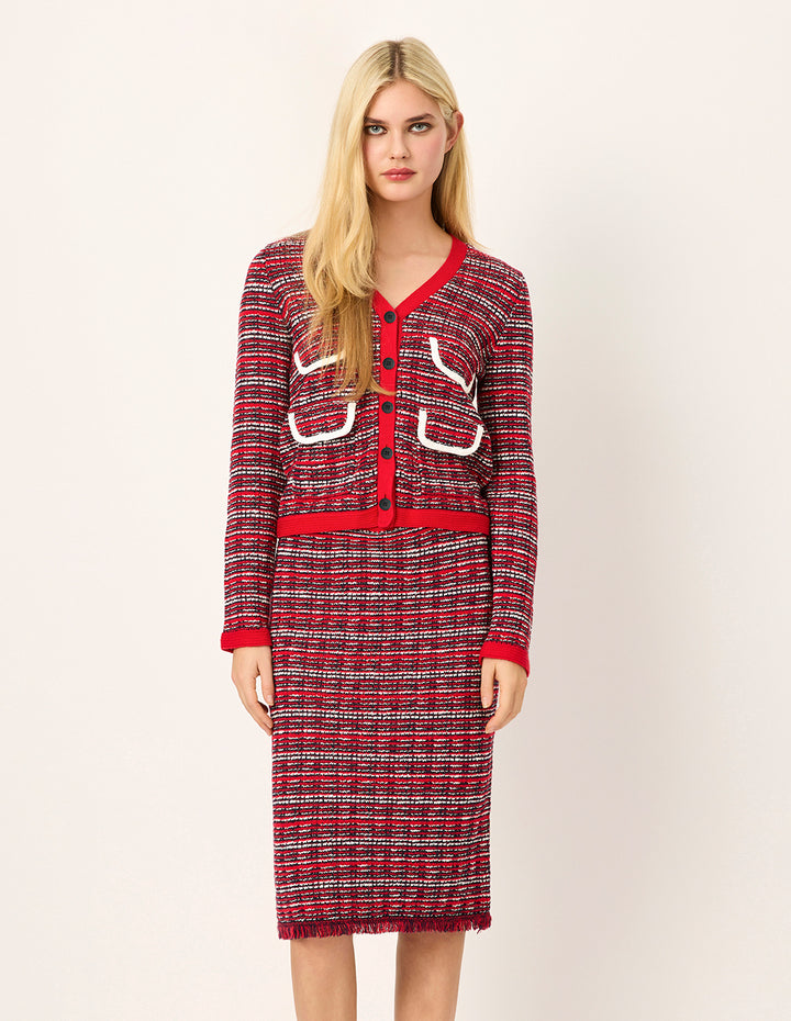 MARYLING V-Neck Red & White Checkered Tweed Multi-Pockets Knit Cardigan
