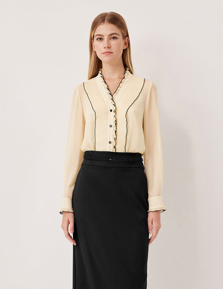 MARYLING V-Neck Long Sleeve Ruffle Trim Pin Tuck Silk Top