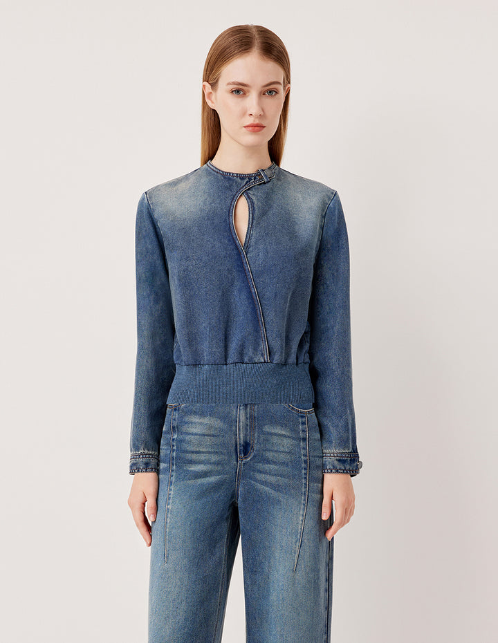 MARYLING Round Neck Hollow Long-Sleeve Cropped Biker Denim Jacket