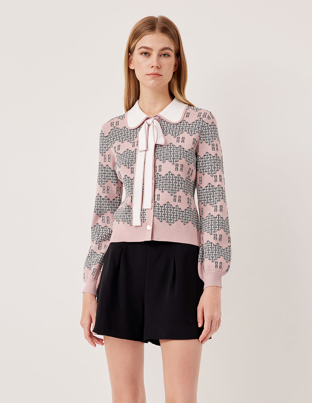 MARYLING Peter Pan Collar Long Puff Sleeve Pink Garden Print Knit Cardigan