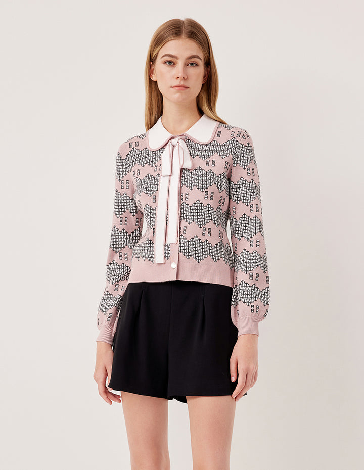 MARYLING Peter Pan Collar Long Puff Sleeve Pink Garden Print Knit Cardigan
