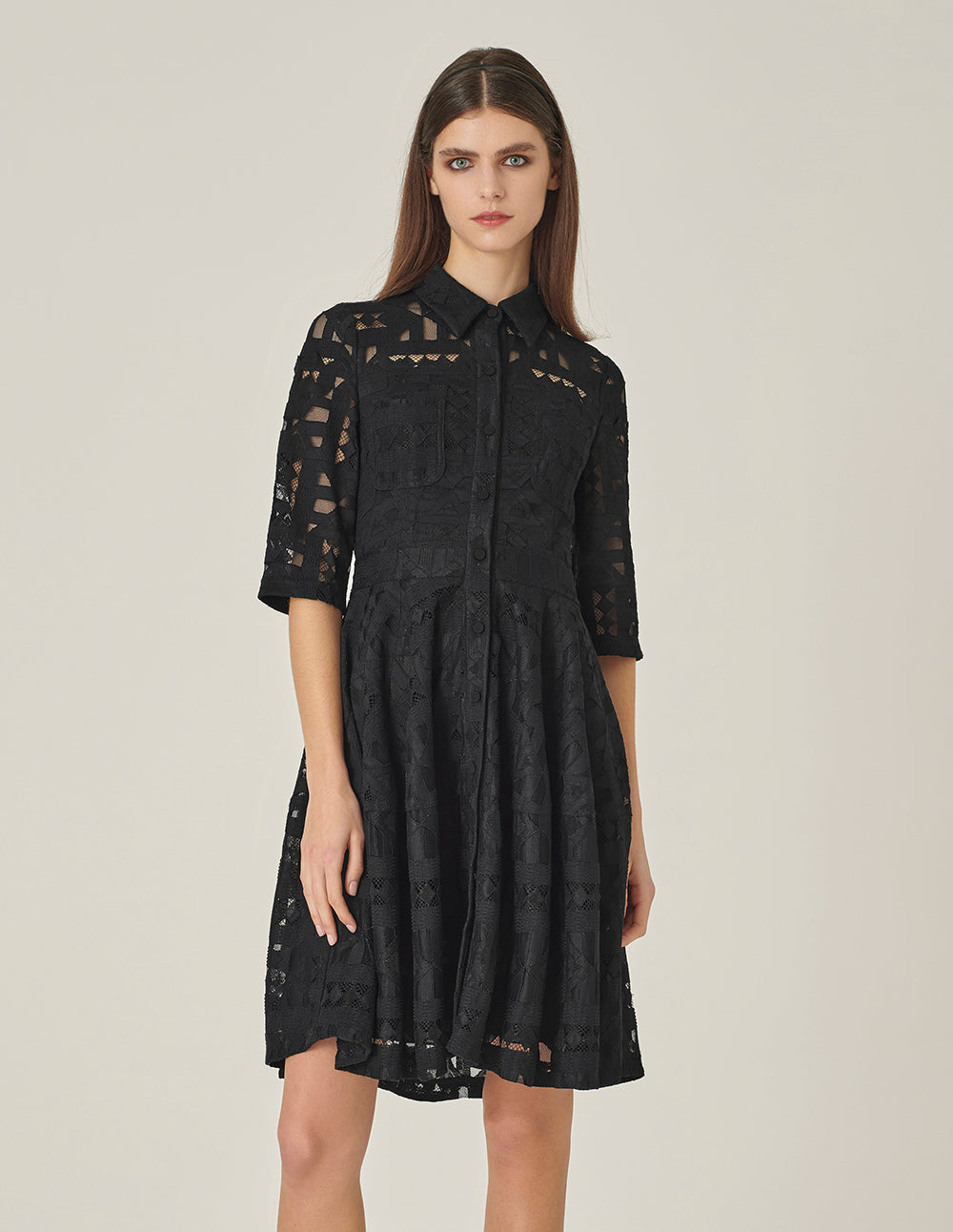 MARYLING Shirt Collar Half-Sleeve Black Lace Dress