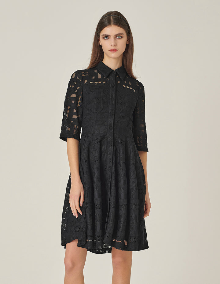 MARYLING Shirt Collar Half-Sleeve Black Lace Dress