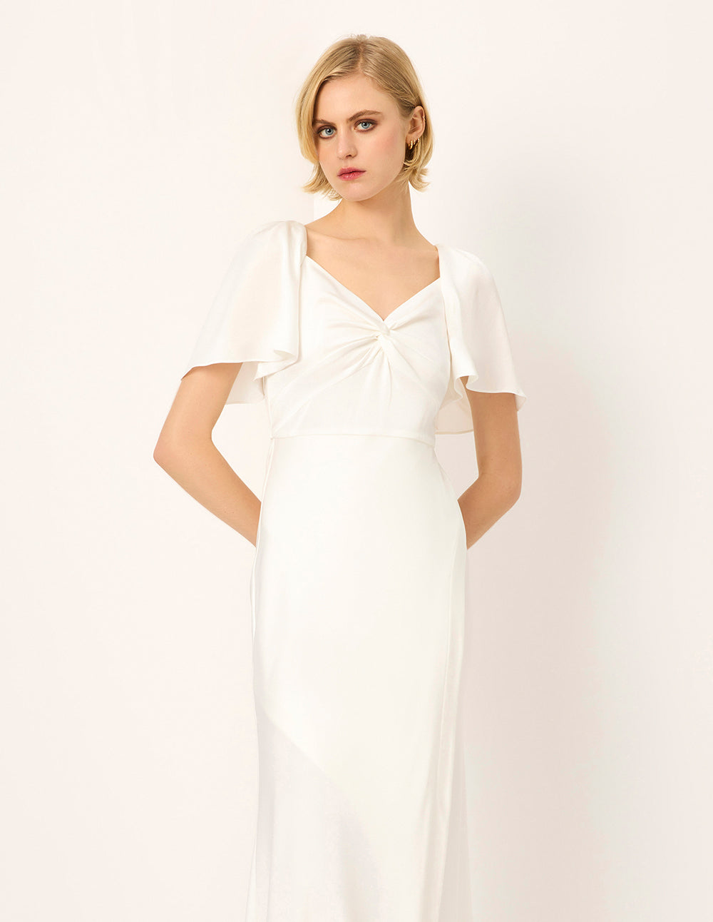 MARYLING V-Neck Flared Short-Sleeves Gathered Backless Satin White Evening Gown Dress