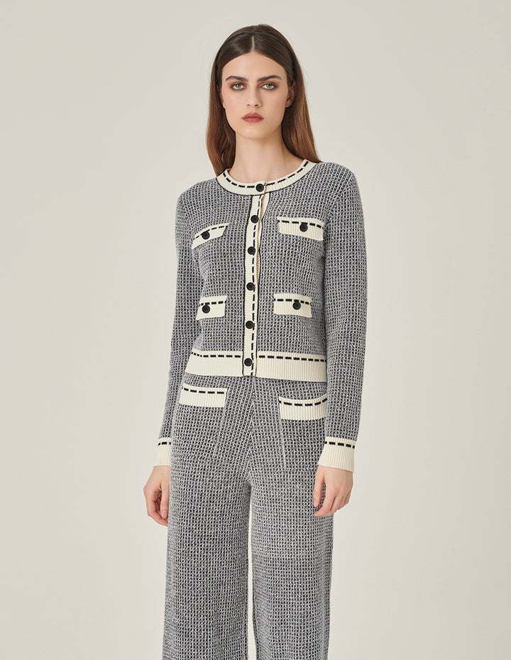 MARYLING Crew-Neck Long-Sleeve Cropped Multi-Pockets Wool Knitted Cardigan