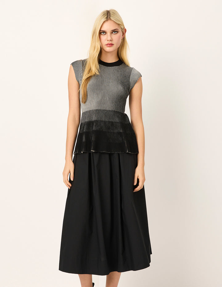 MARYLING Round Neck Short-Sleeve Black Striped Color Block Knit Top