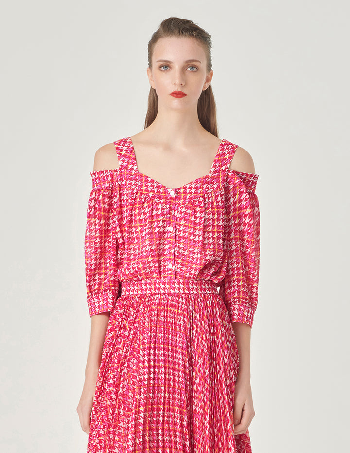 MARYLING Houndstooth Off-Shoulder Halter Top