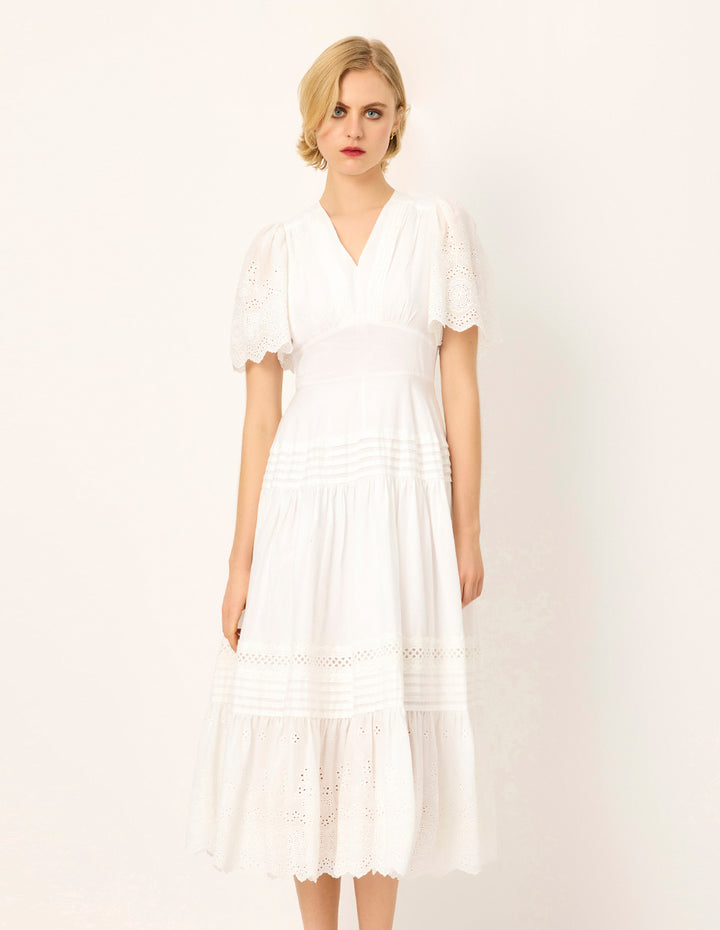 MARYLING V-Neck Short-Sleeve Lace Empire-Waist Flounce Midi Dress