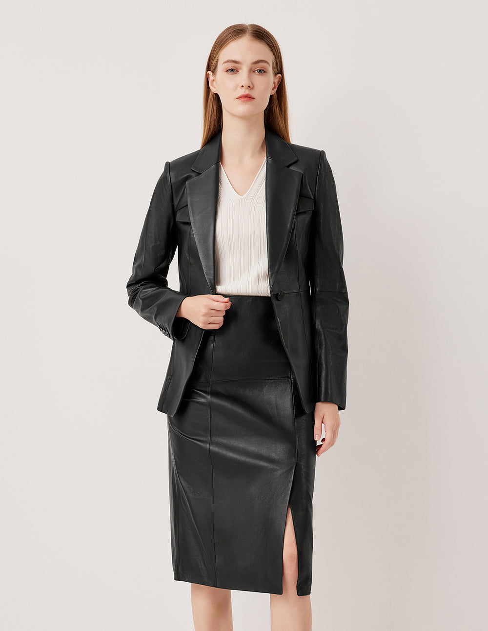 MARYLING Notch Lapel Single-Breasted Lambskin Blazer