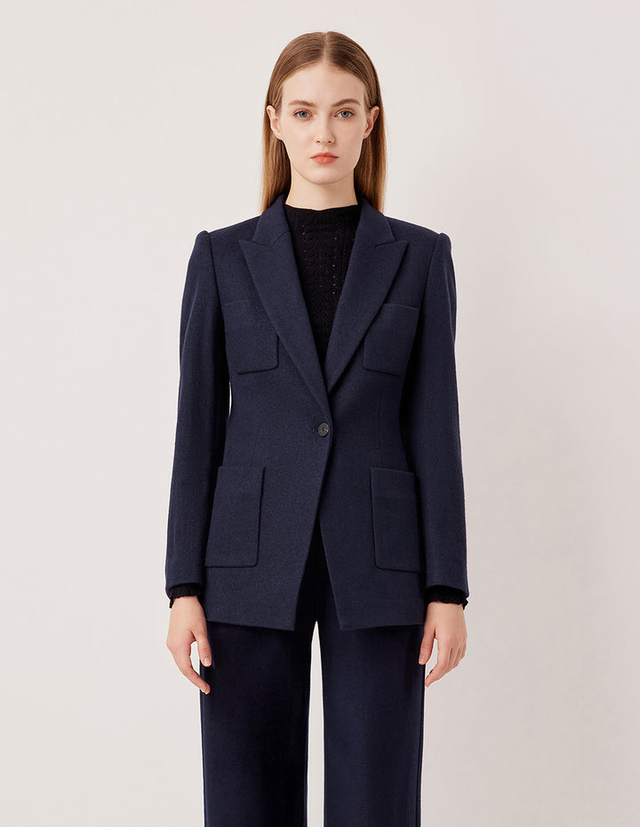 MARYLING Peak Lapel Single-Button Wool Blazer with Structured Shoulders