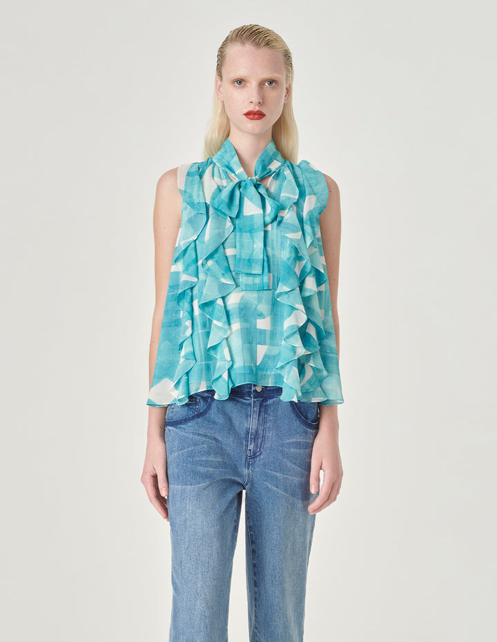 MARYLING Sleeveless Strappy Ruffled Printed Top