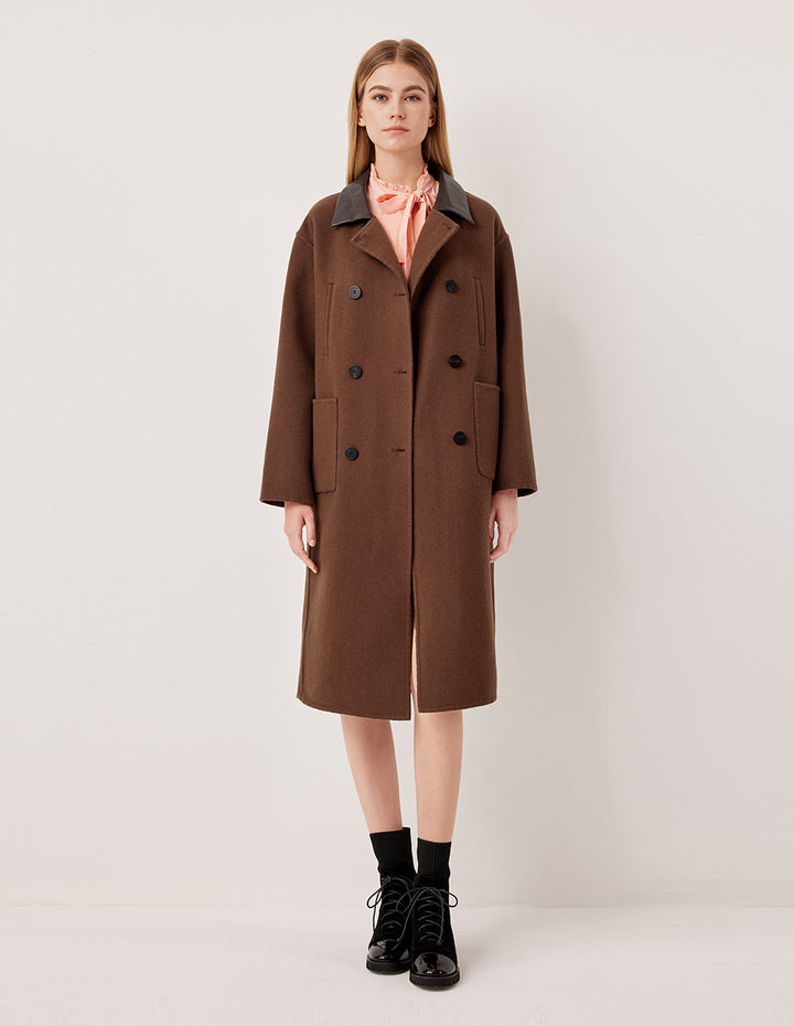 MARYLING Sheepskin Collar Patchwork Alpaca Double-Breasted H-Line Coat