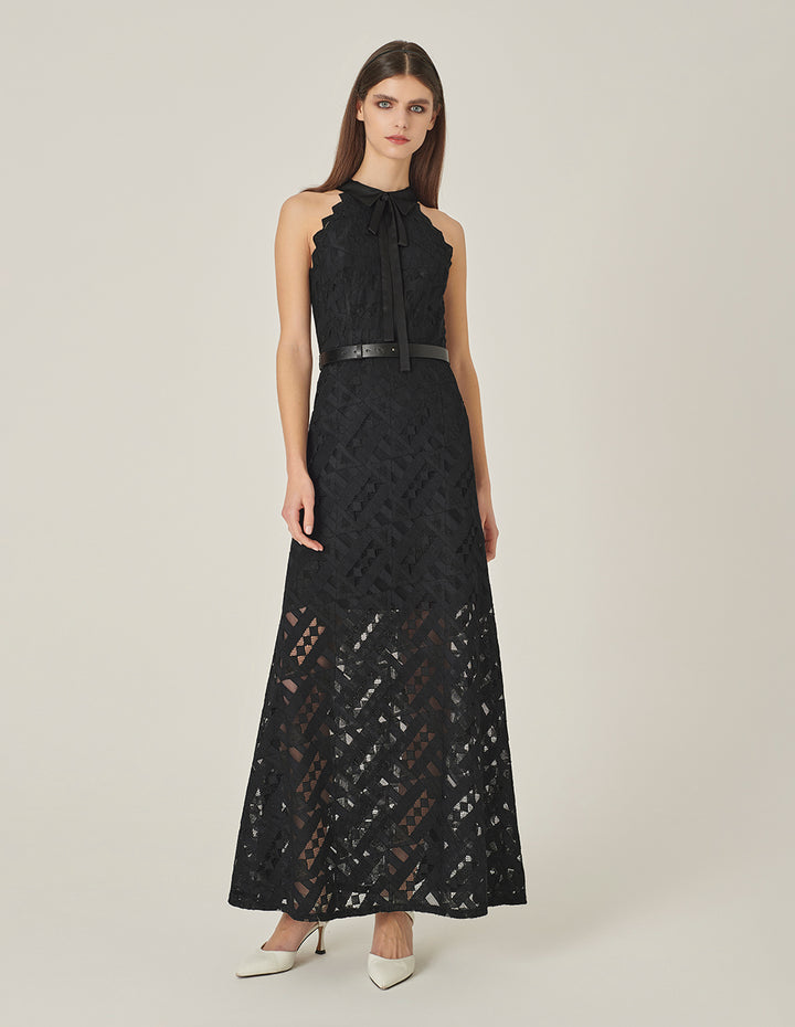 MARYLING Black Small Lapel Off-Shoulder Lace Fishtail Dress