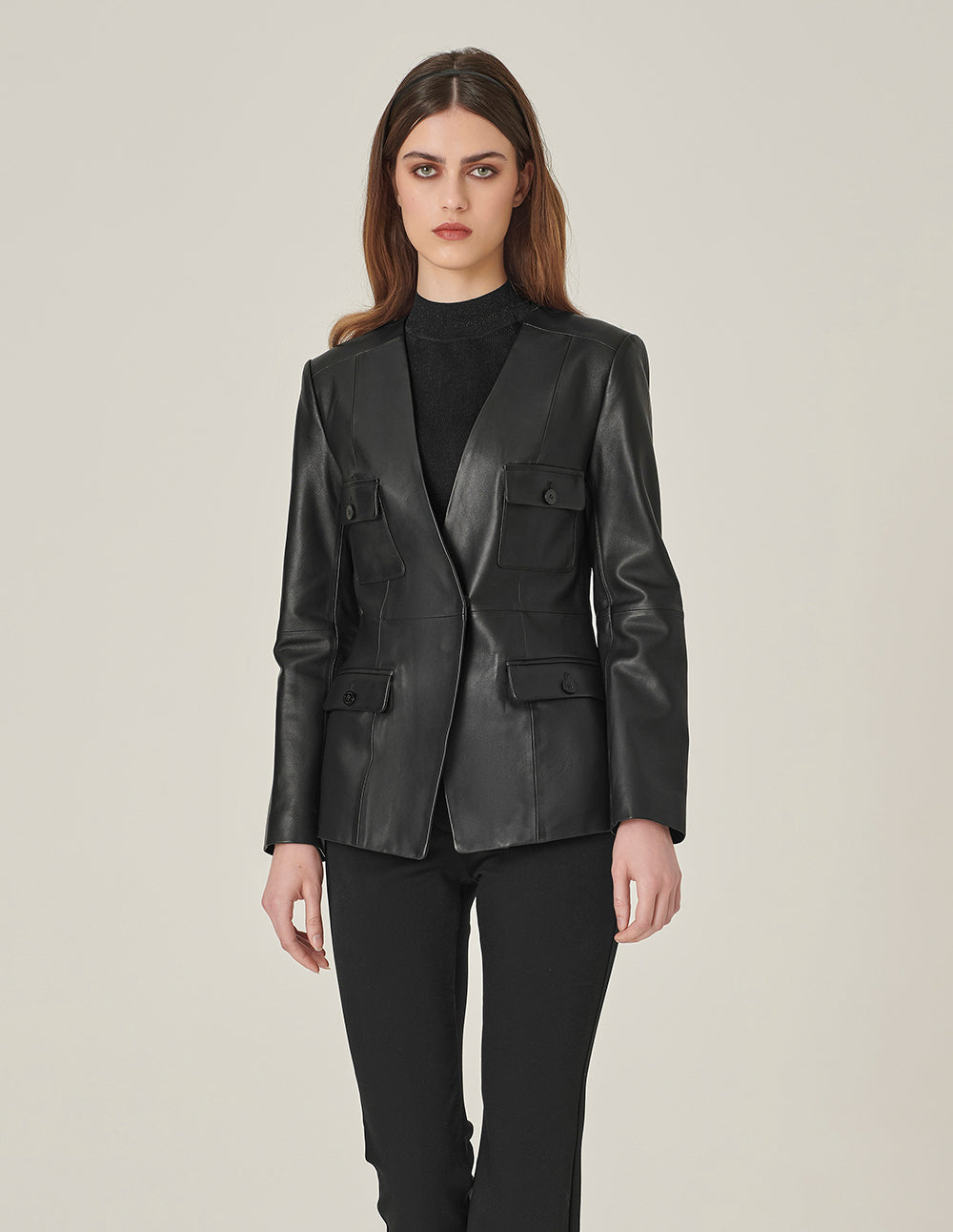 MARYLING Black Collarless Lambskin Blazer With Multiple Pockets