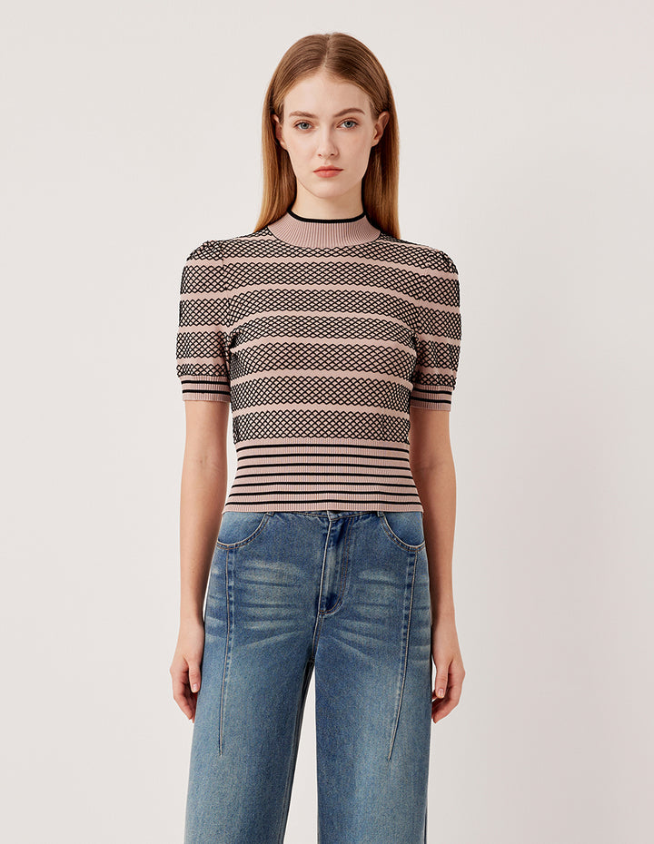 MARYLING Mock Neck Short Sleeve Lace Plaid Knit Pullover