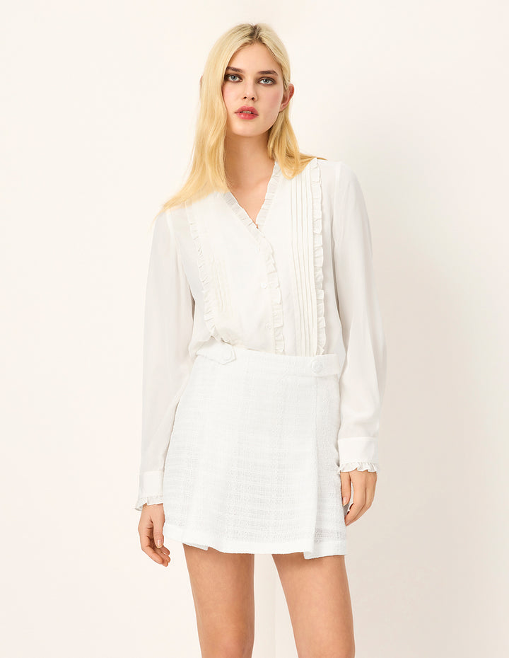 MARYLING V-Neck Long-Sleeve Ruffle-Trim Pin Tuck Silk Blouse