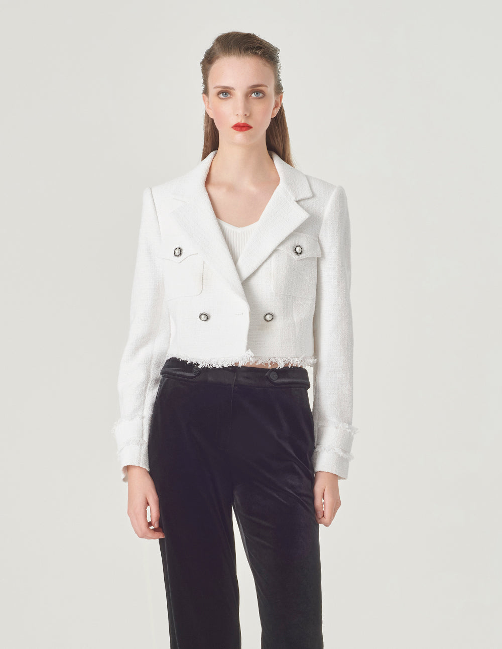 MARYLING White Fringed Tweed Short Blazer