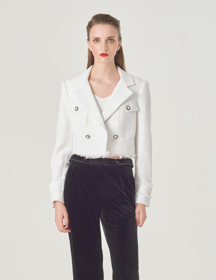 MARYLING White Fringed Tweed Short Blazer