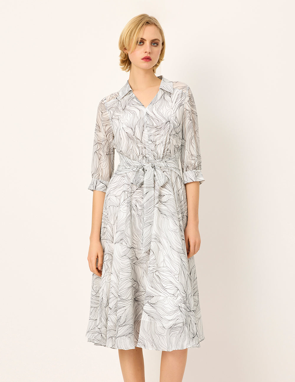 MARYLING Tie-up Lapel Black Stripe Printed Pleated Midi Dress