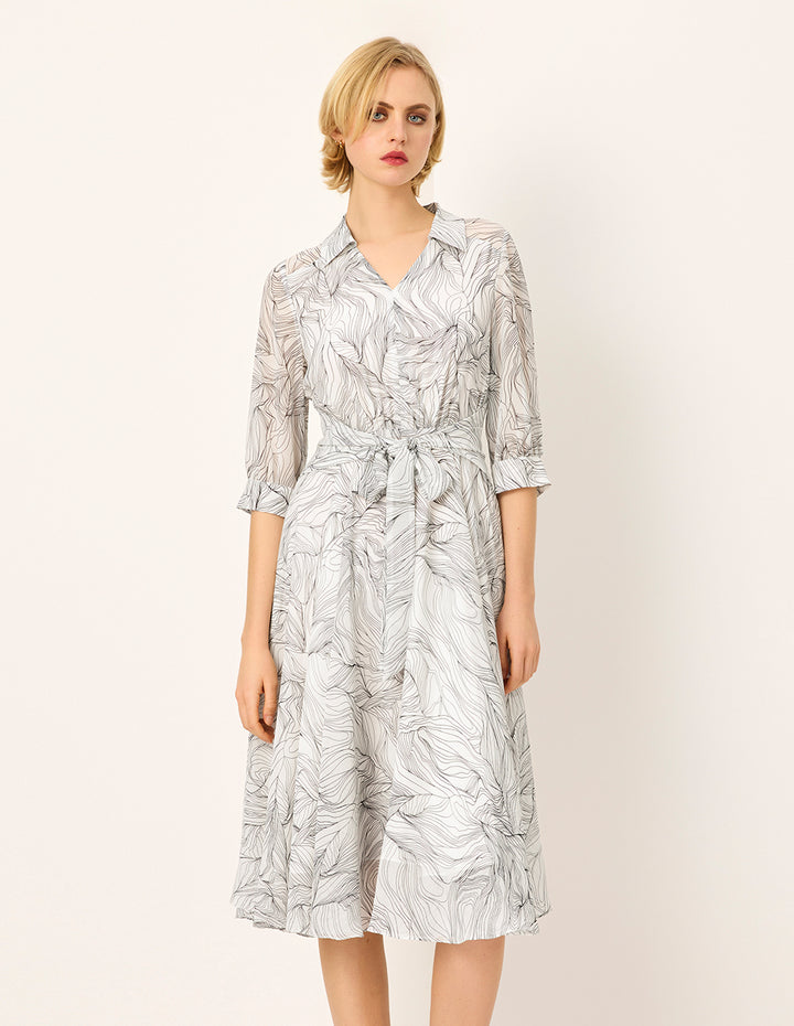 MARYLING Tie-up Lapel Black Stripe Printed Pleated Midi Dress