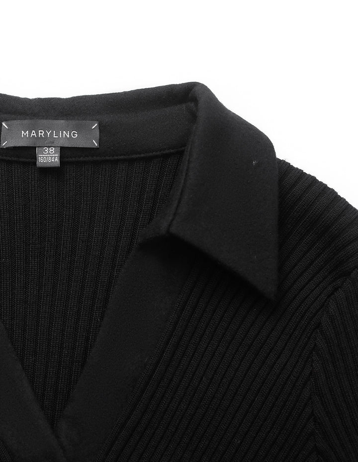 MARYLING Shirt-Collar Wrap Knitted Patchwork Pleated Midi Dress