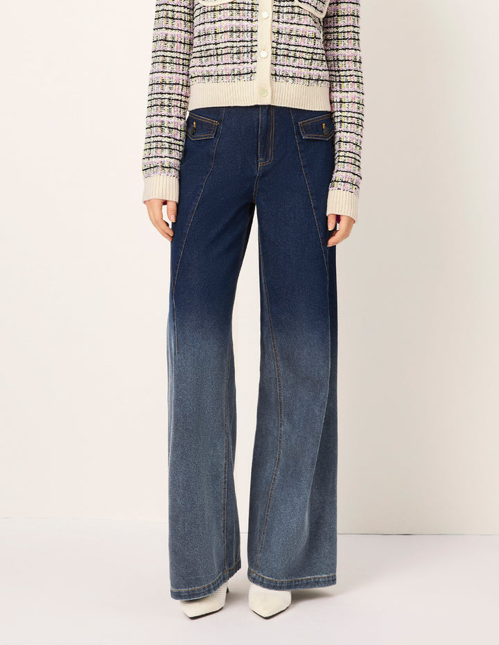 MARYLING Straight Wide-Leg Dark Blue Gradient Washed Denim Pants