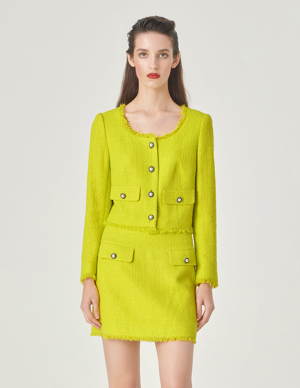 MARYLING Bright Yellow Contrast Button Tweed Skirt