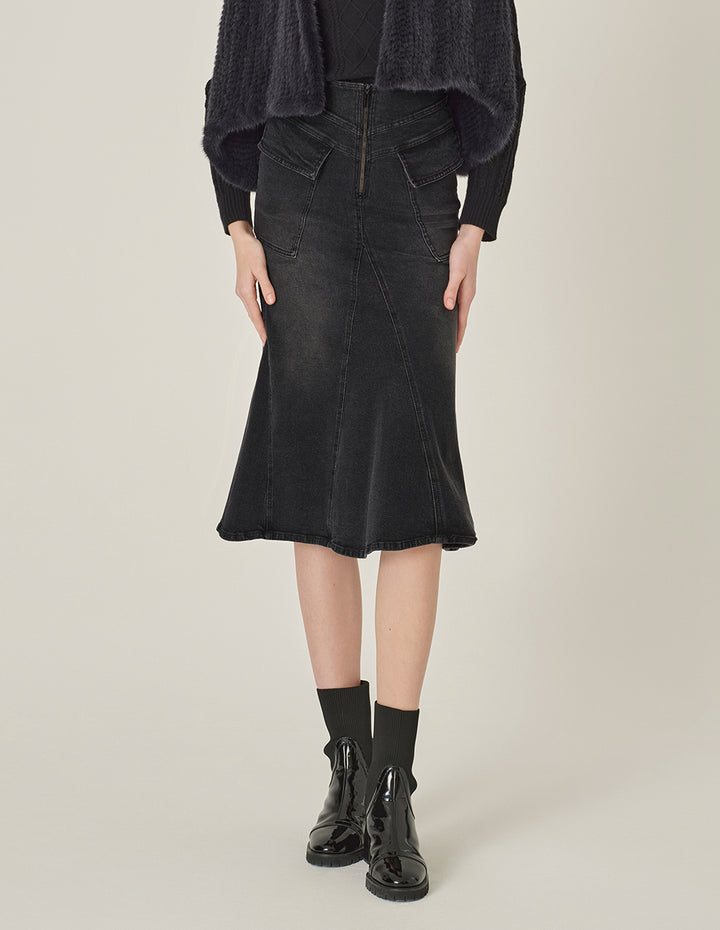 MARYLING Smoke Black Washed Denim Fishtail Knee-Length Skirt
