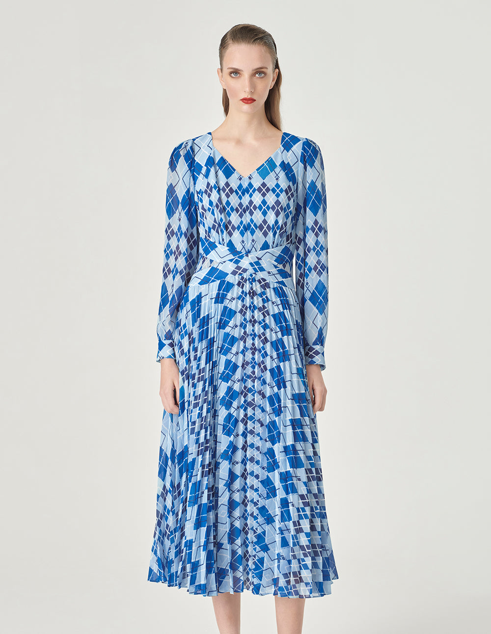 MARYLING Blue And White Diamond Plaid V-Neck A-Hem Dress