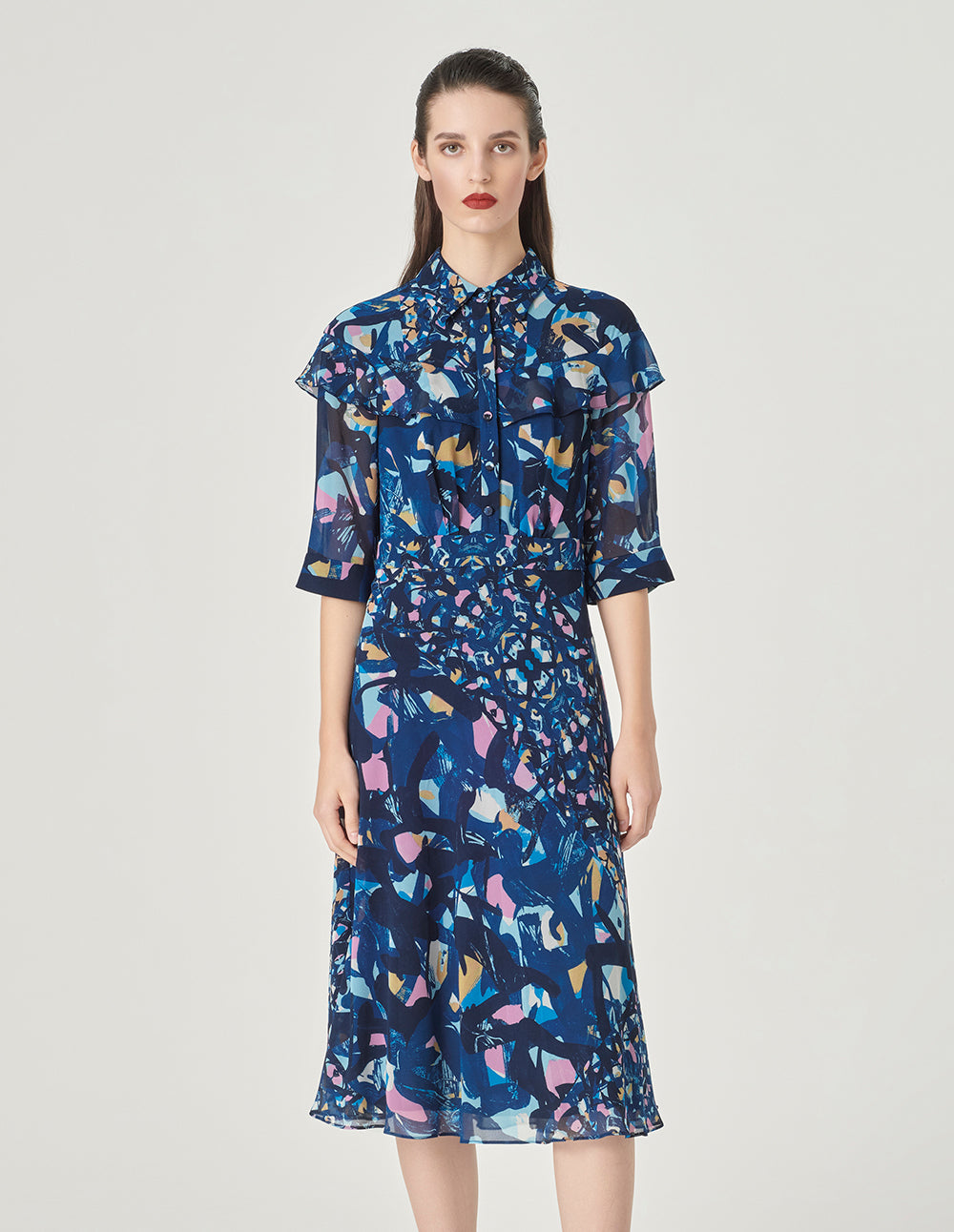 MARYLING Shirt Collar Printed Short Sleeves Midi Shirt Dress