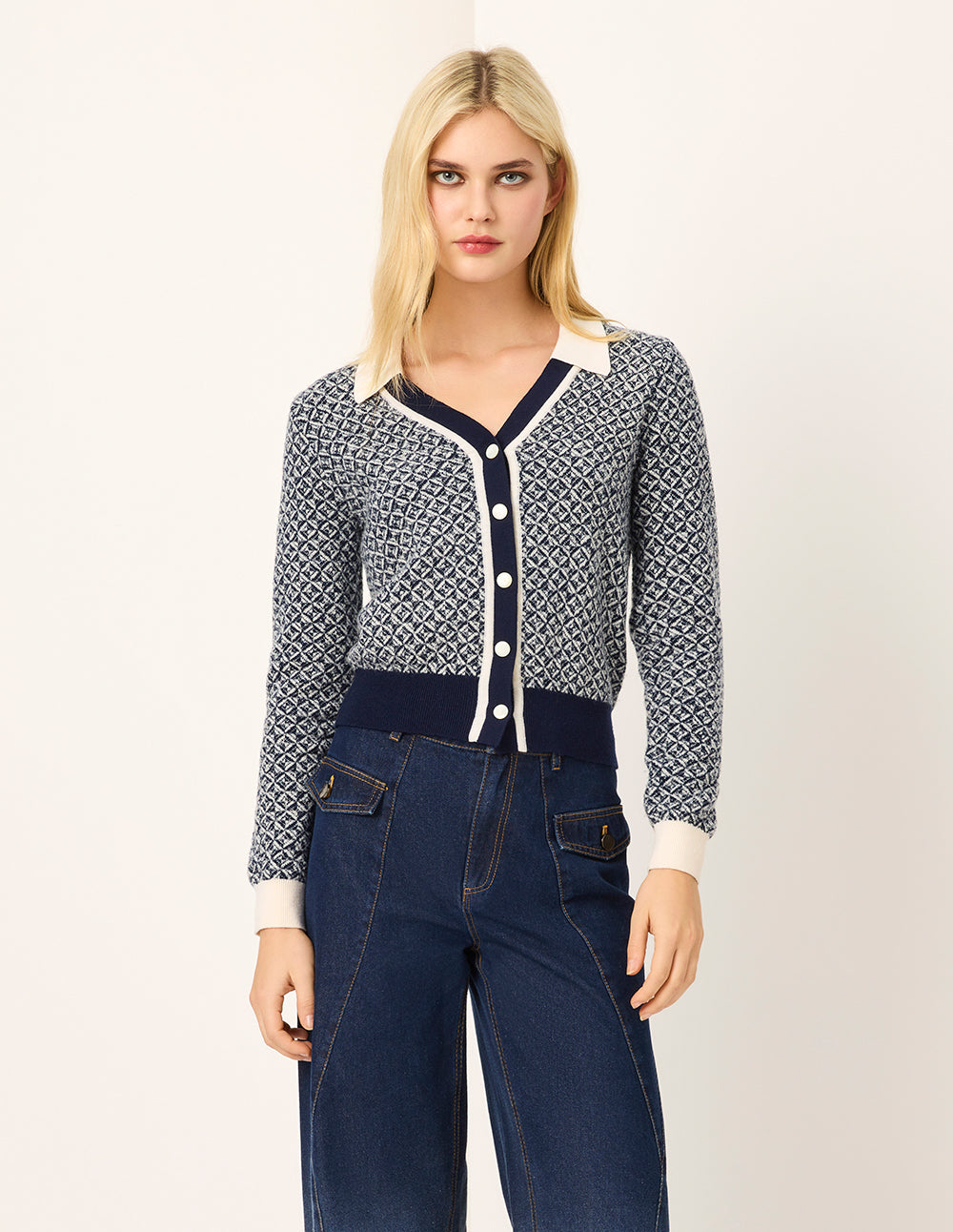 MARYLING Blue & White Trimmed Wool Knit Cardigan